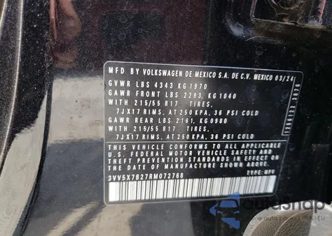 2024 Volkswagen Taos S z USA, uszkodzony, nr VIN 3VV5X7B27RM072768